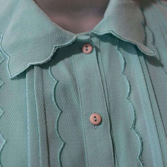 Vintage Asian Teal Blue High Neck Blouse Short Puff Sleeves Small - Picture 3 of 11